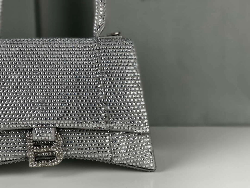Balenciaga 59283328 Hourglass Top Handle in Sliver Suede Calfskin with Rhinestones µĸ±±¾