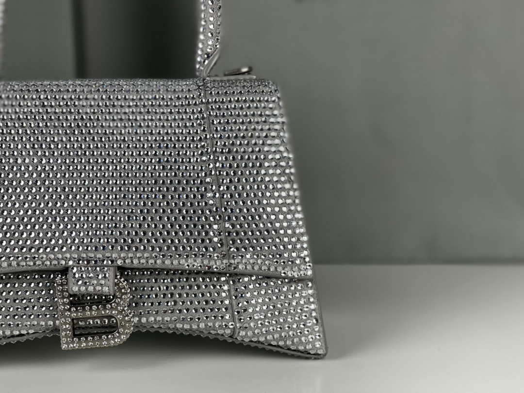 Balenciaga 59283328 Hourglass Top Handle in Sliver Suede Calfskin with Rhinestones µĸ±±¾