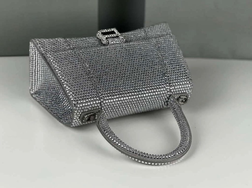 Balenciaga 59283328 Hourglass Top Handle in Sliver Suede Calfskin with Rhinestones µĸ±±¾