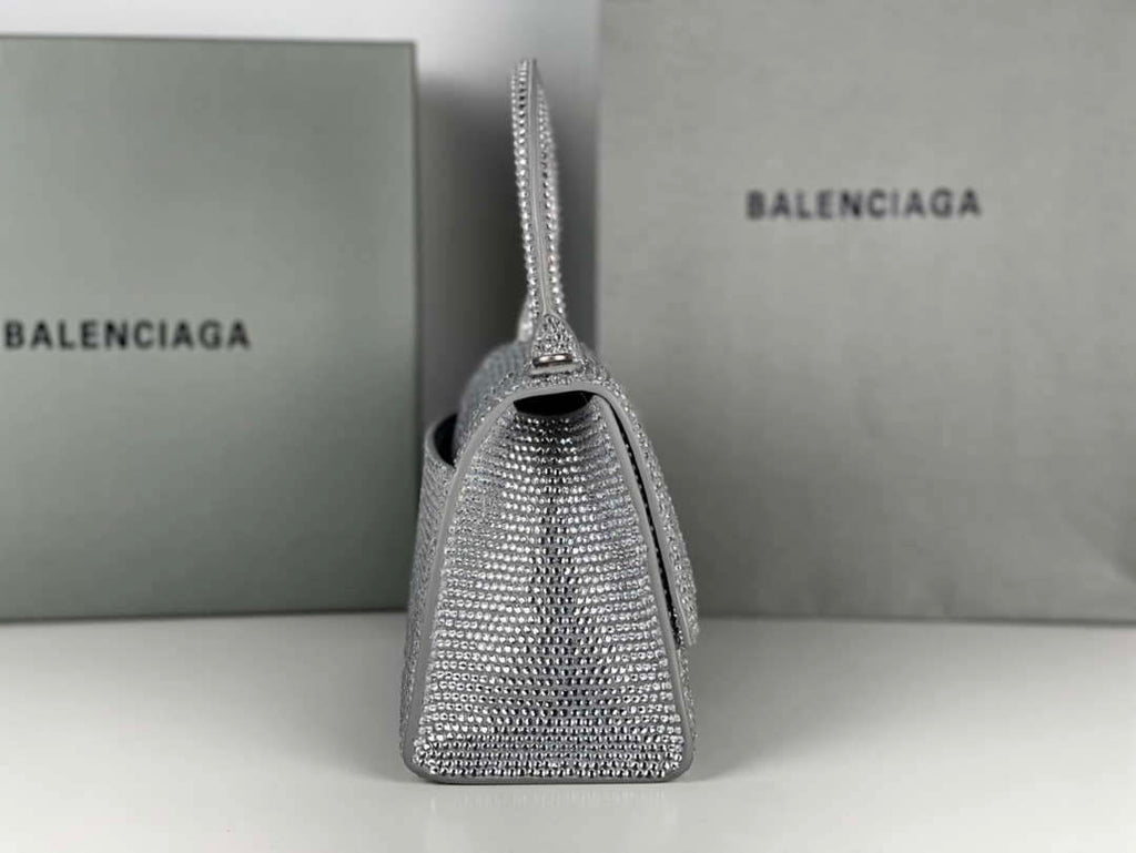 Balenciaga 59283328 Hourglass Top Handle in Sliver Suede Calfskin with Rhinestones µĸ±±¾