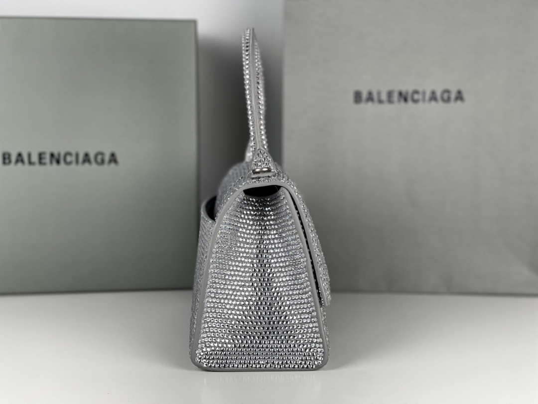 Balenciaga 59283328 Hourglass Top Handle in Sliver Suede Calfskin with Rhinestones µĸ±±¾