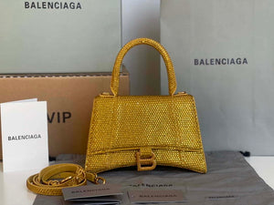Balenciaga 59283328 Hourglass Top Handle in Yellow Suede Calfskin with Rhinestones - Default Title - View 1