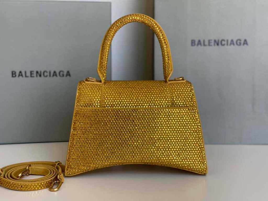 Balenciaga 59283328 Hourglass Top Handle in Yellow Suede Calfskin with Rhinestones