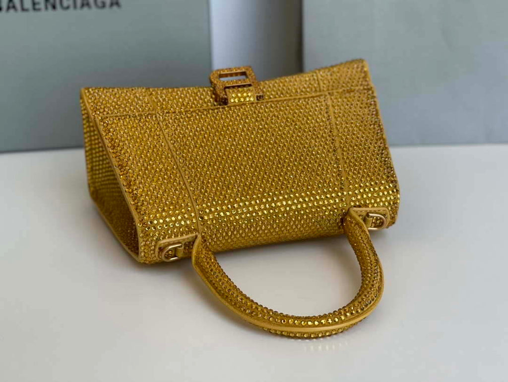 Balenciaga 59283328 Hourglass Top Handle in Yellow Suede Calfskin with Rhinestones