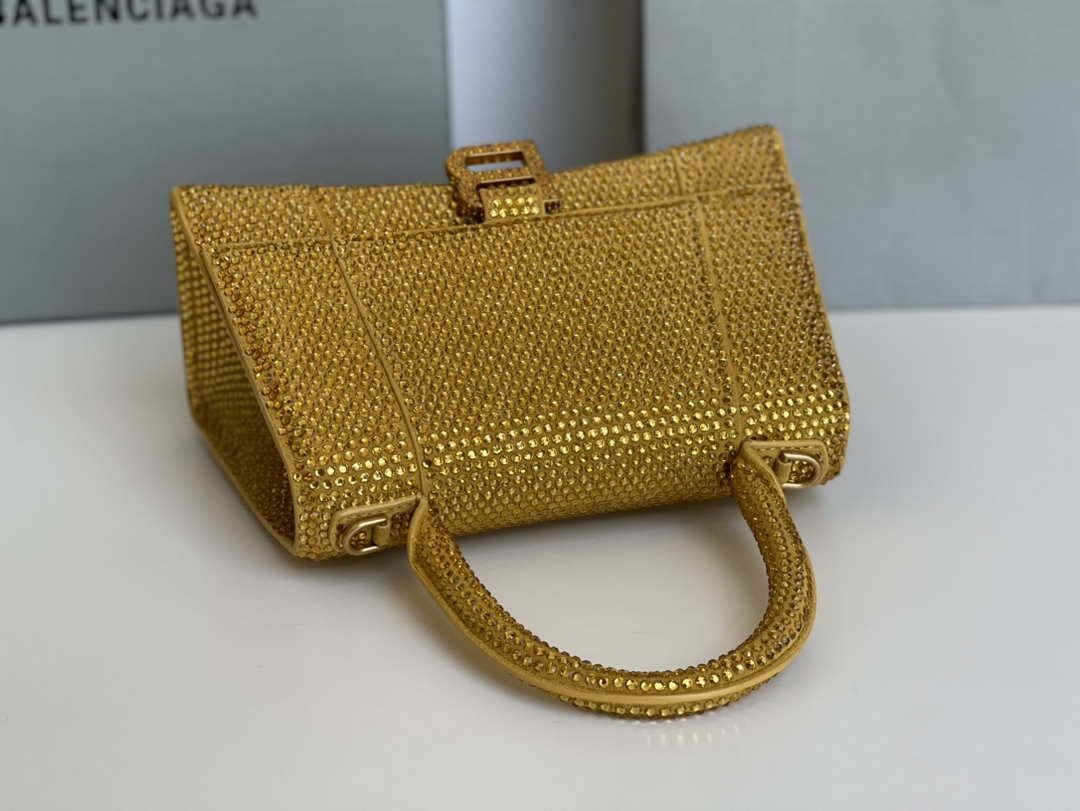 Balenciaga 59283328 Hourglass Top Handle in Yellow Suede Calfskin with Rhinestones