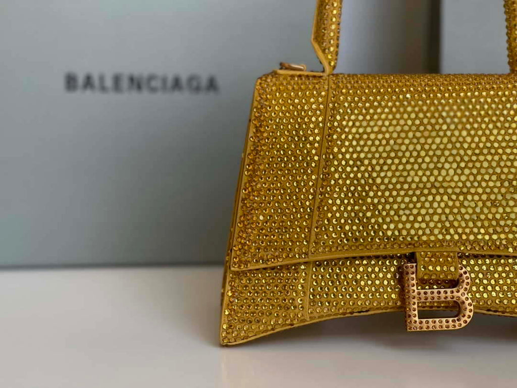 Balenciaga 59283328 Hourglass Top Handle in Yellow Suede Calfskin with Rhinestones