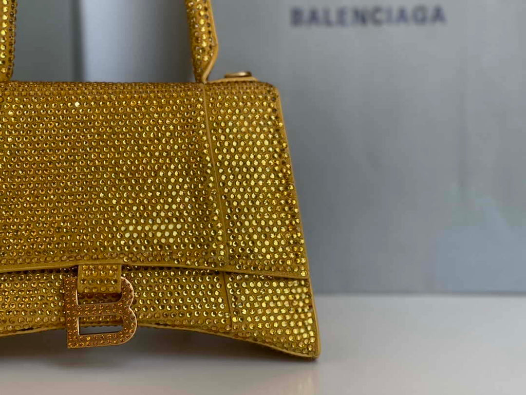 Balenciaga 59283328 Hourglass Top Handle in Yellow Suede Calfskin with Rhinestones