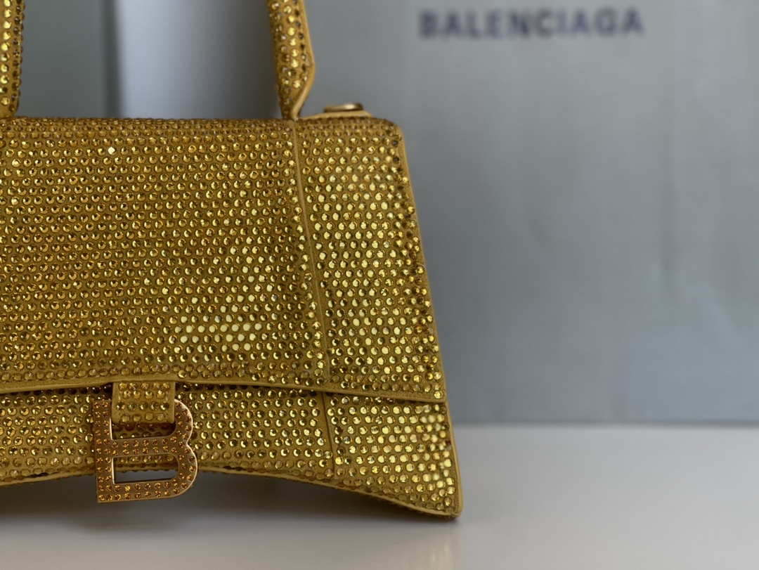 Balenciaga 59283328 Hourglass Top Handle in Yellow Suede Calfskin with Rhinestones