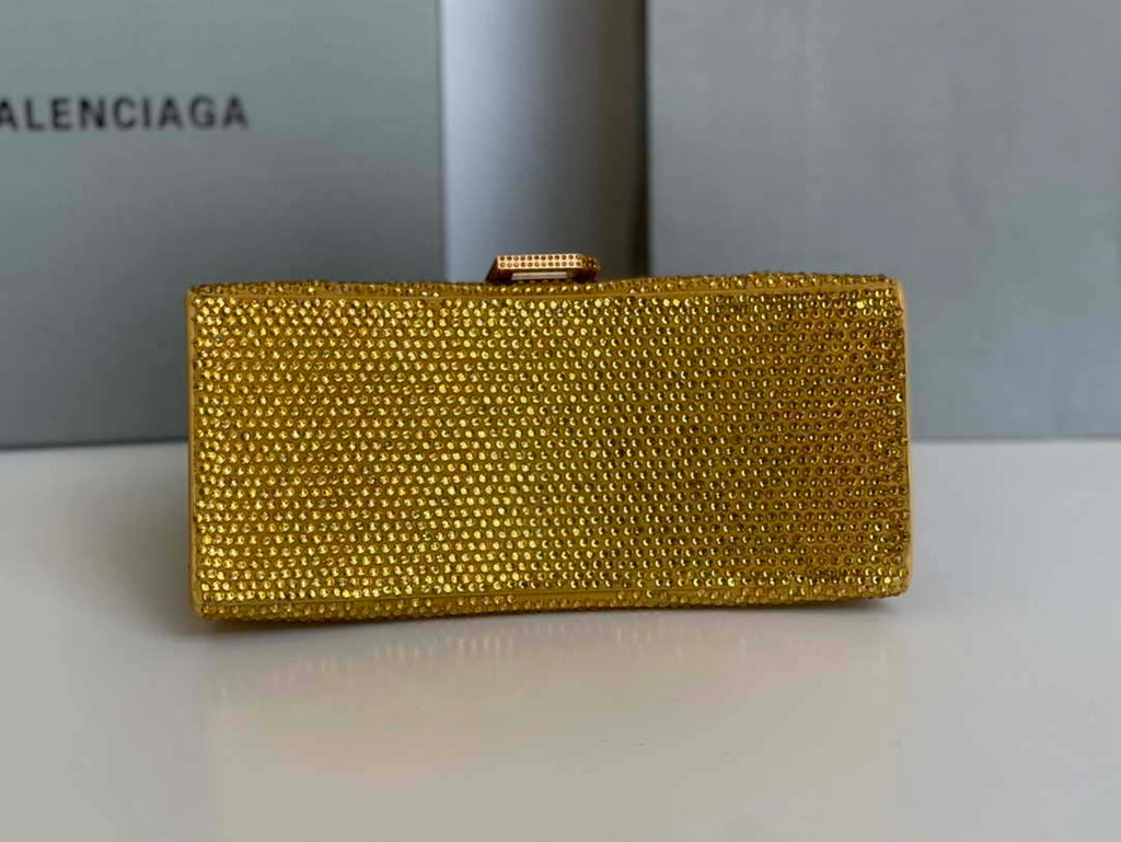 Balenciaga 59283328 Hourglass Top Handle in Yellow Suede Calfskin with Rhinestones