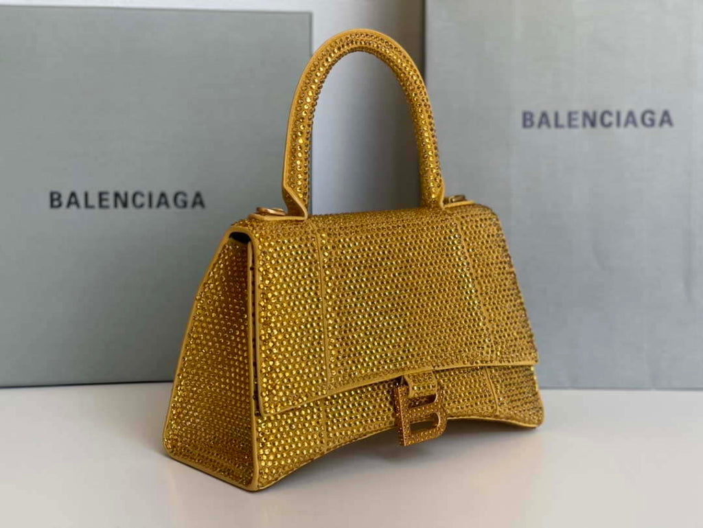 Balenciaga 59283328 Hourglass Top Handle in Yellow Suede Calfskin with Rhinestones