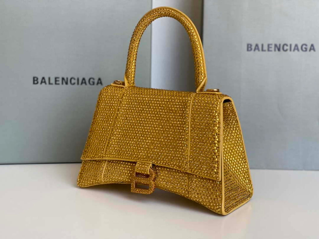 Balenciaga 59283328 Hourglass Top Handle in Yellow Suede Calfskin with Rhinestones