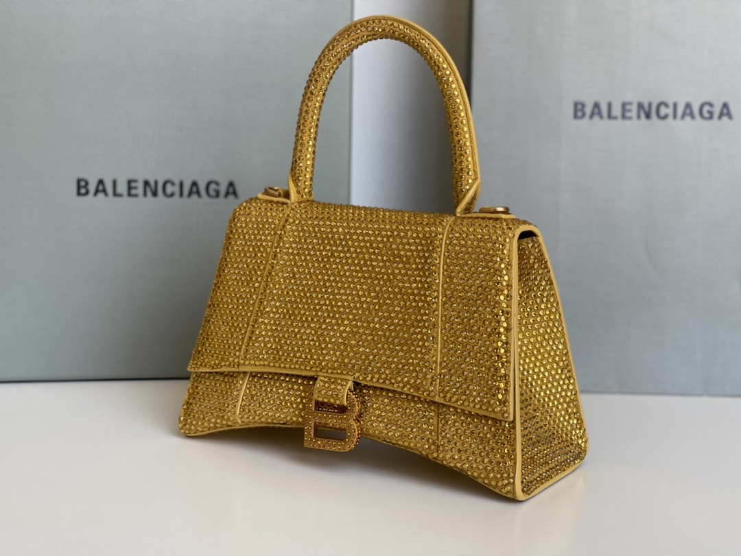 Balenciaga 59283328 Hourglass Top Handle in Yellow Suede Calfskin with Rhinestones