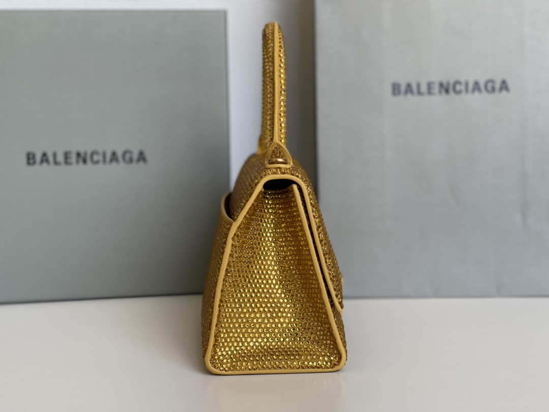 Balenciaga 59283328 Hourglass Top Handle in Yellow Suede Calfskin with Rhinestones