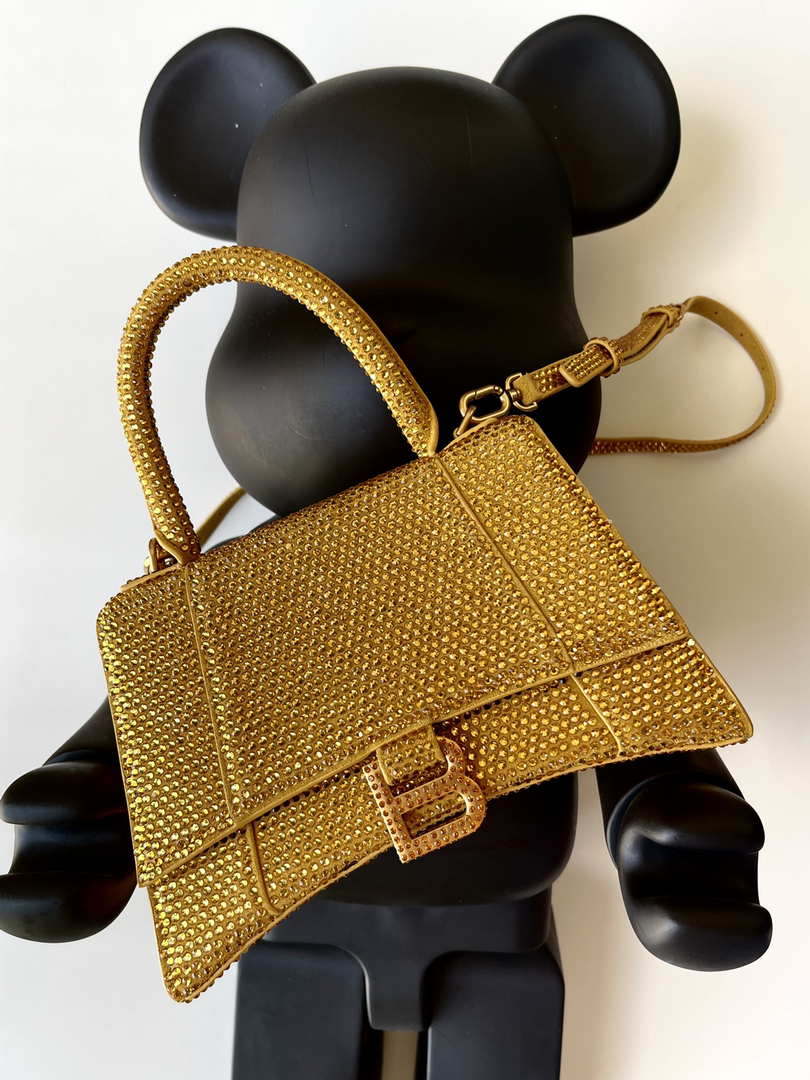 Balenciaga 59283328 Hourglass Top Handle in Yellow Suede Calfskin with Rhinestones