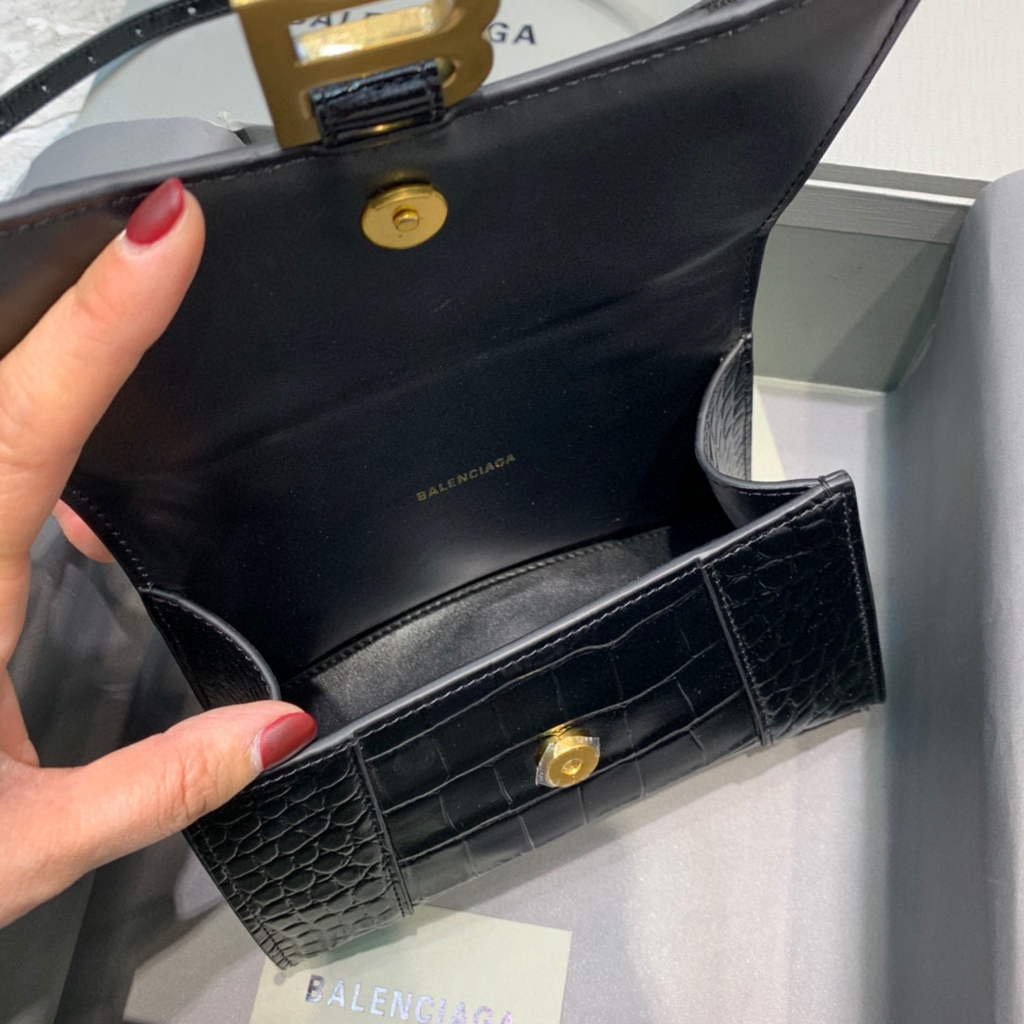 Balenciaga 592833 Hourglass XS Top Handle Bag Black Gold