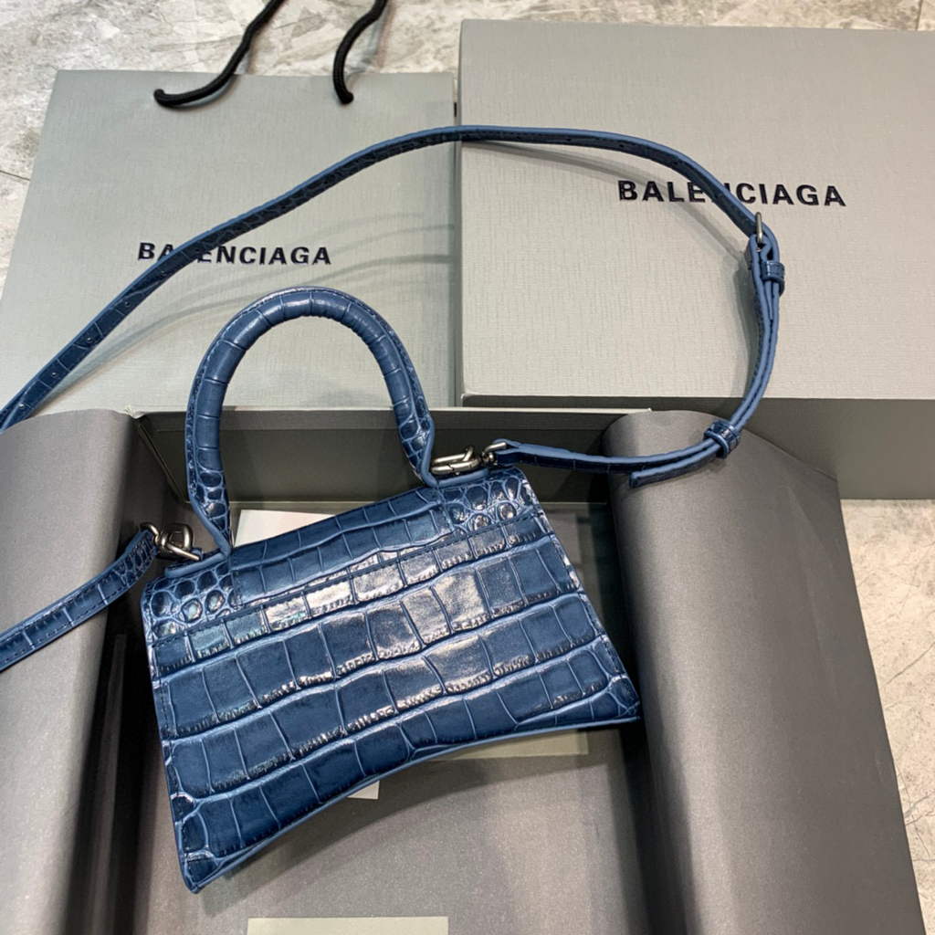 Balenciaga 592833 Hourglass XS Top Handle Bag Navy Blue Silver