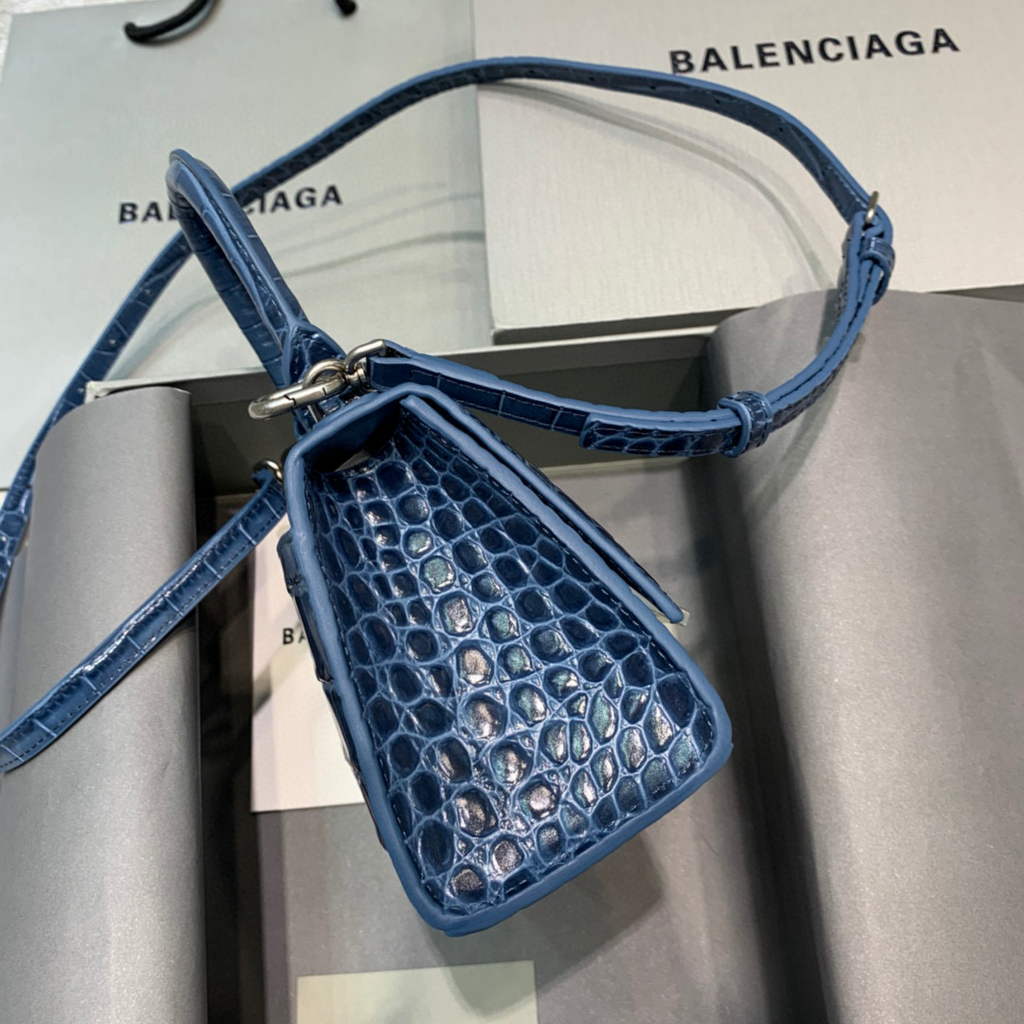 Balenciaga 592833 Hourglass XS Top Handle Bag Navy Blue Silver