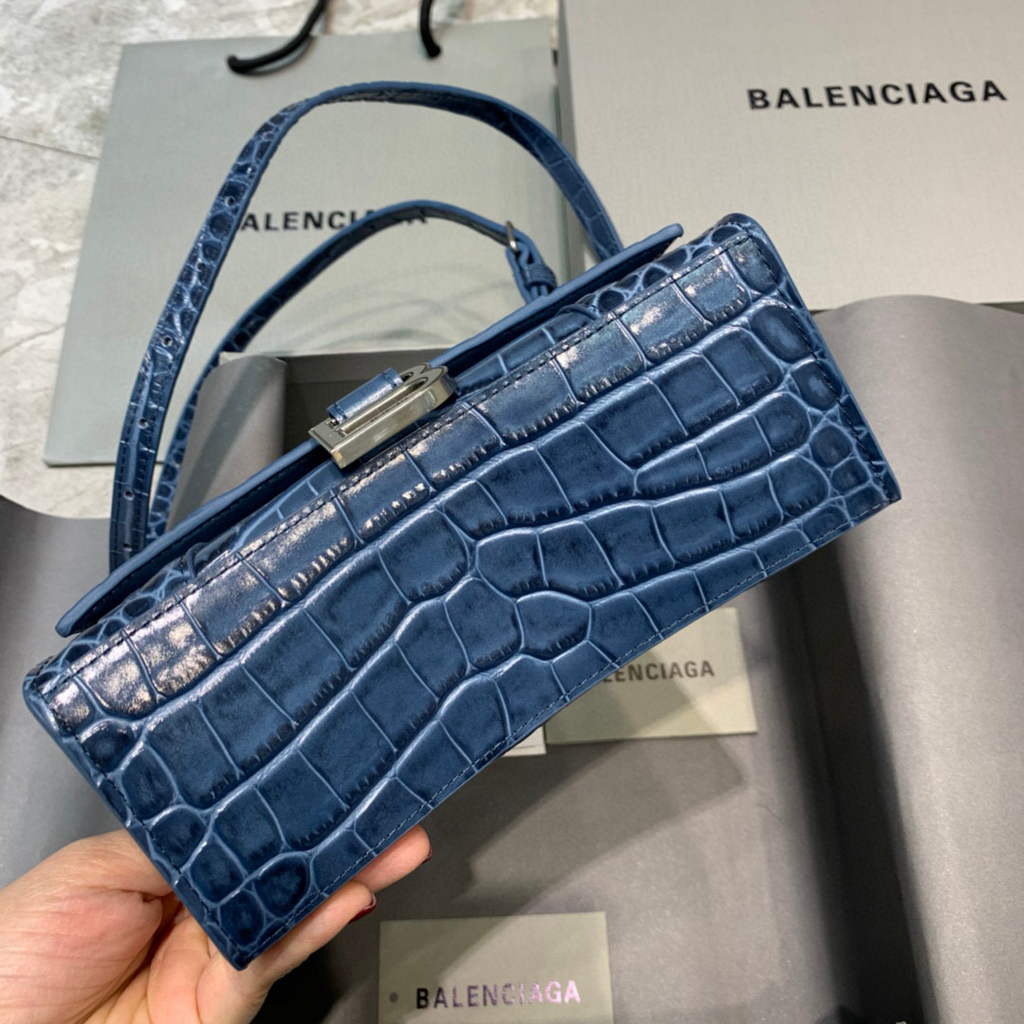 Balenciaga 592833 Hourglass XS Top Handle Bag Navy Blue Silver