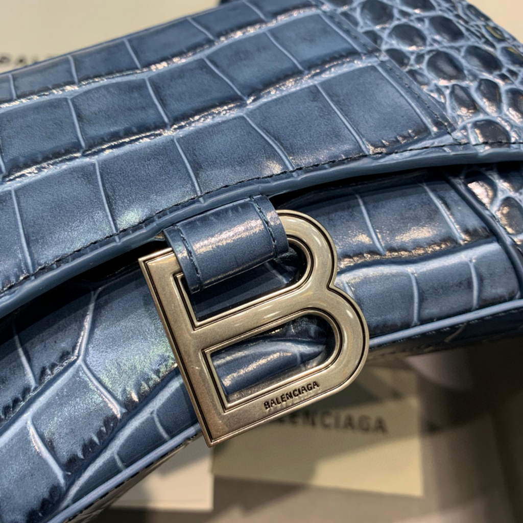 Balenciaga 592833 Hourglass XS Top Handle Bag Navy Blue Silver