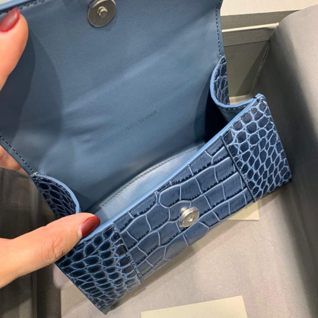 Balenciaga 592833 Hourglass XS Top Handle Bag Navy Blue Silver