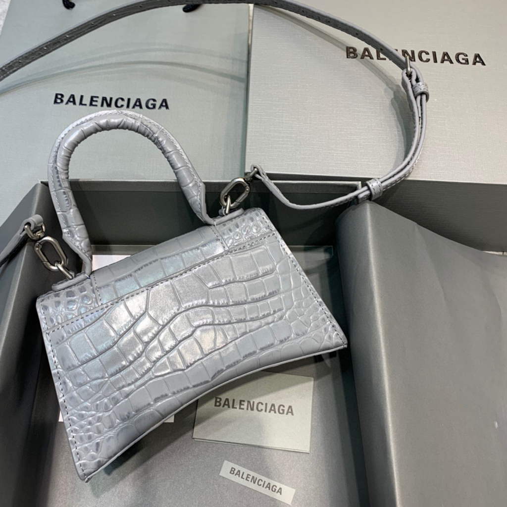 Balenciaga 592833 Hourglass XS Top Handle Bag Navy Gray Silver