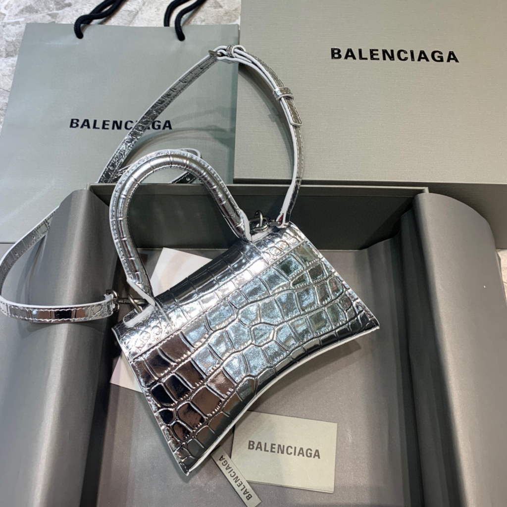 Balenciaga 592833 Hourglass XS Top Handle Bag Silver