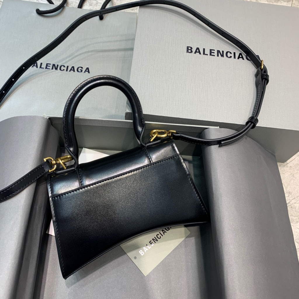 Balenciaga 592833 Hourglass XS Top Handle Leather Bag Black Gold