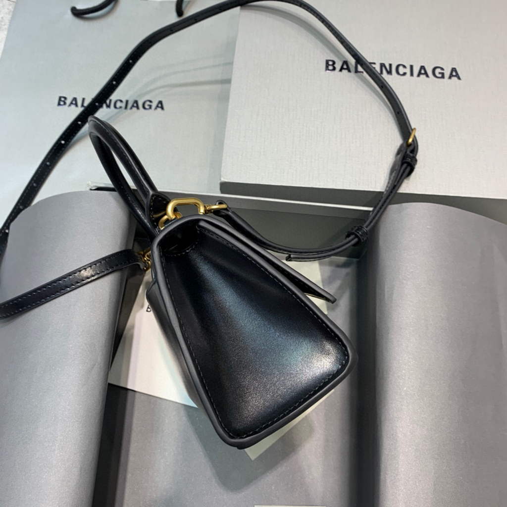 Balenciaga 592833 Hourglass XS Top Handle Leather Bag Black Gold