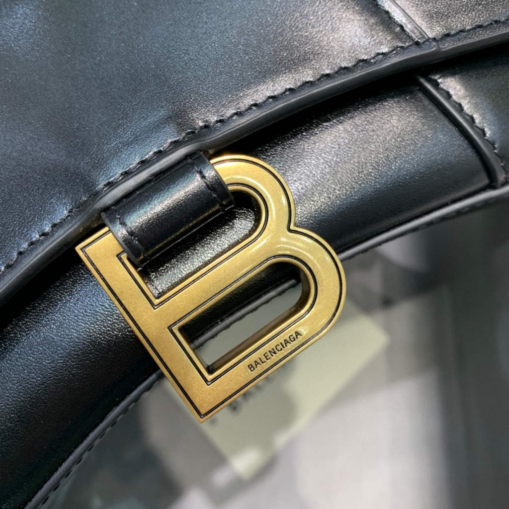 Balenciaga 592833 Hourglass XS Top Handle Leather Bag Black Gold