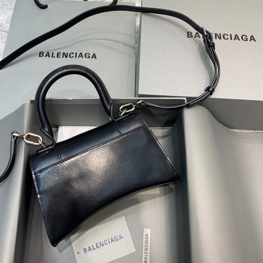 Balenciaga 592833 Hourglass XS Top Handle Leather Bag Black Silver