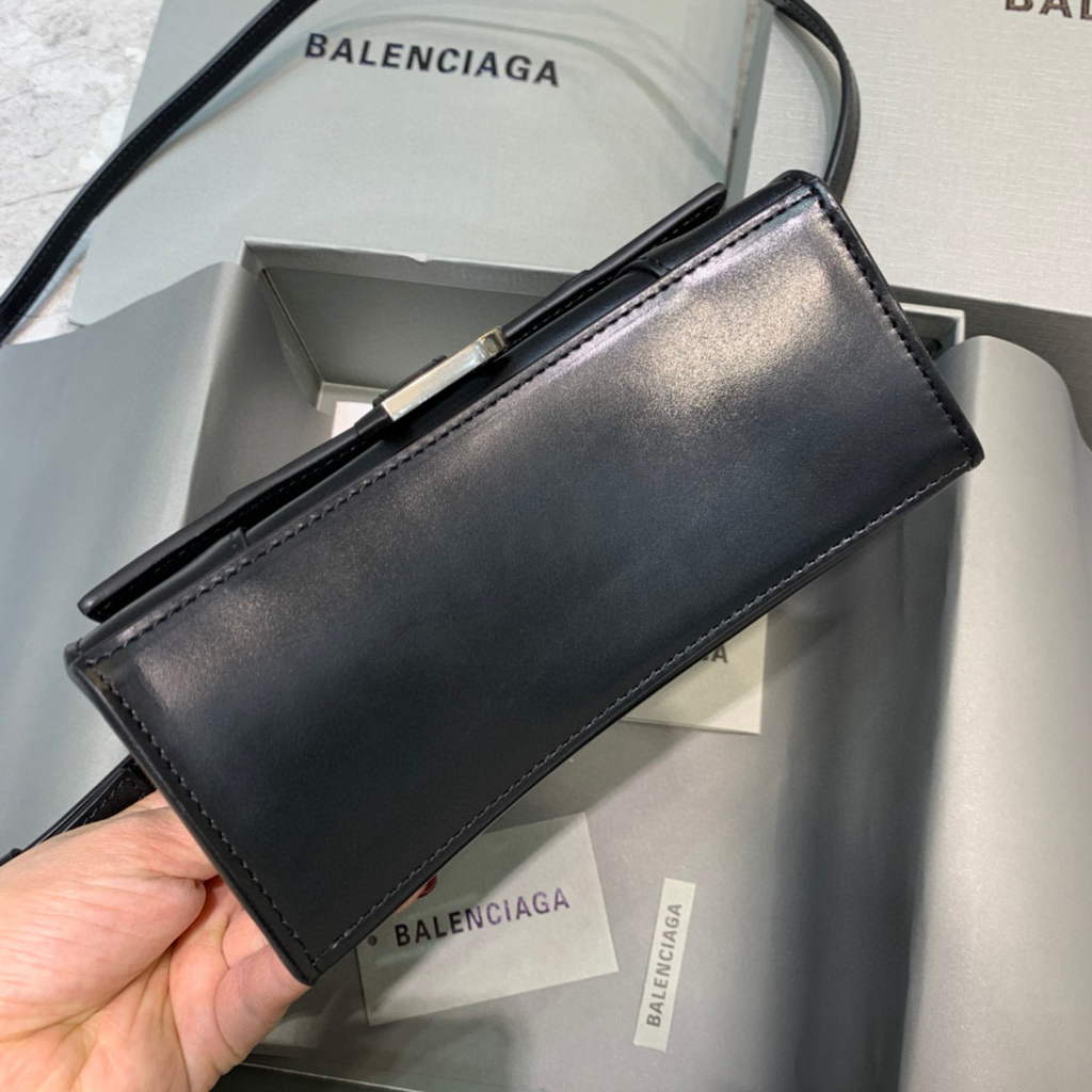 Balenciaga 592833 Hourglass XS Top Handle Leather Bag Black Silver