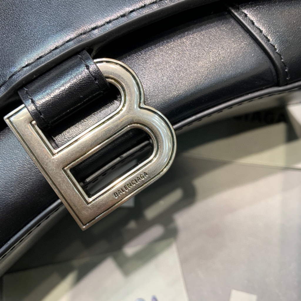 Balenciaga 592833 Hourglass XS Top Handle Leather Bag Black Silver