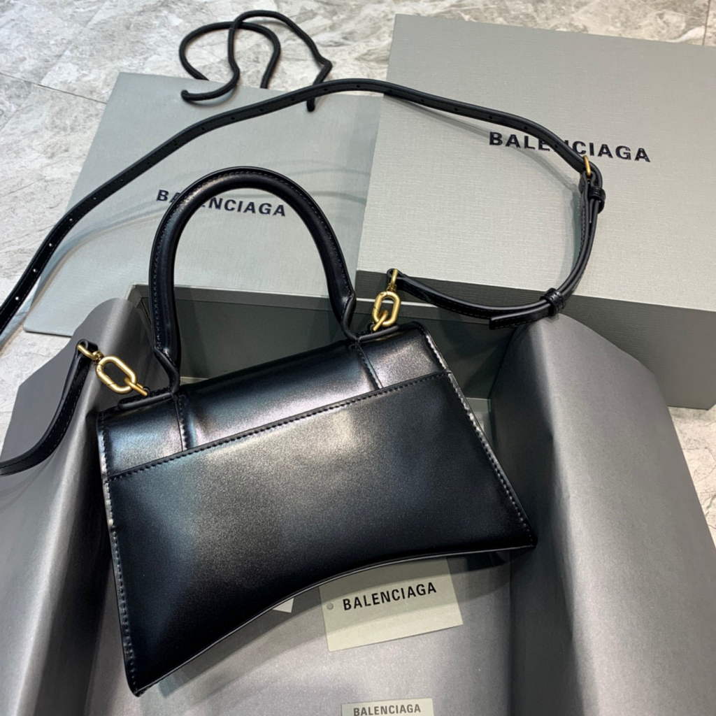 Balenciaga 593546 Hourglass Small Top Handle Calfskin Bag Black Gold