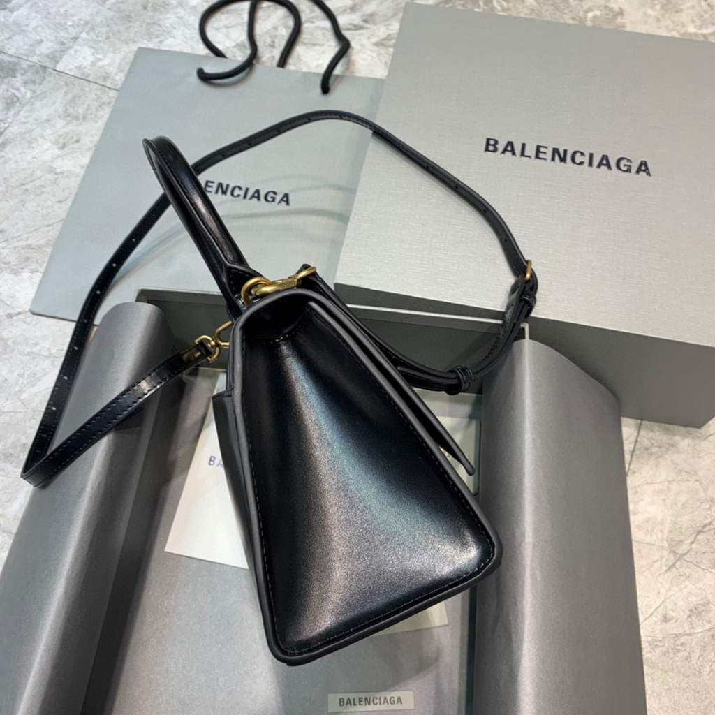 Balenciaga 593546 Hourglass Small Top Handle Calfskin Bag Black Gold
