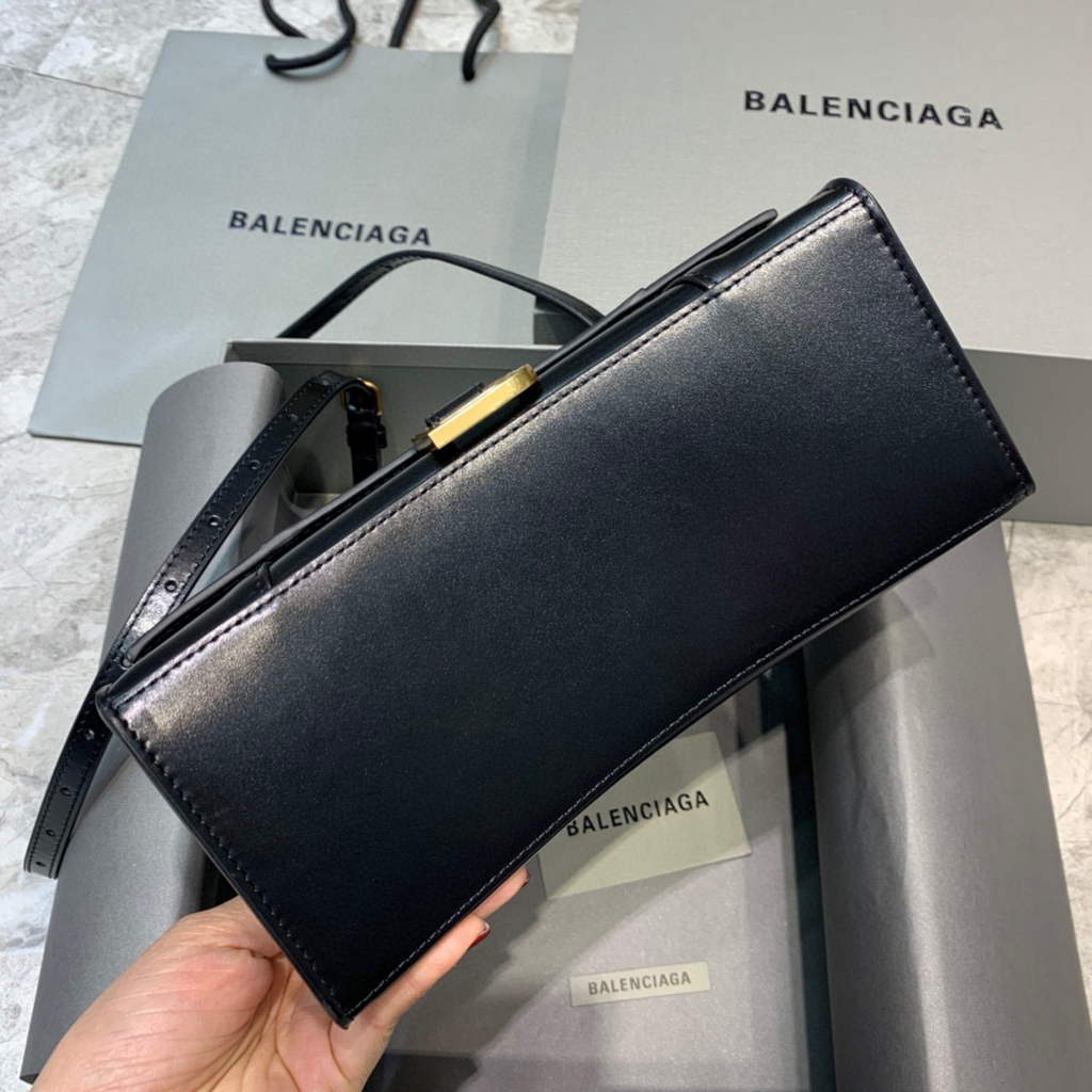 Balenciaga 593546 Hourglass Small Top Handle Calfskin Bag Black Gold