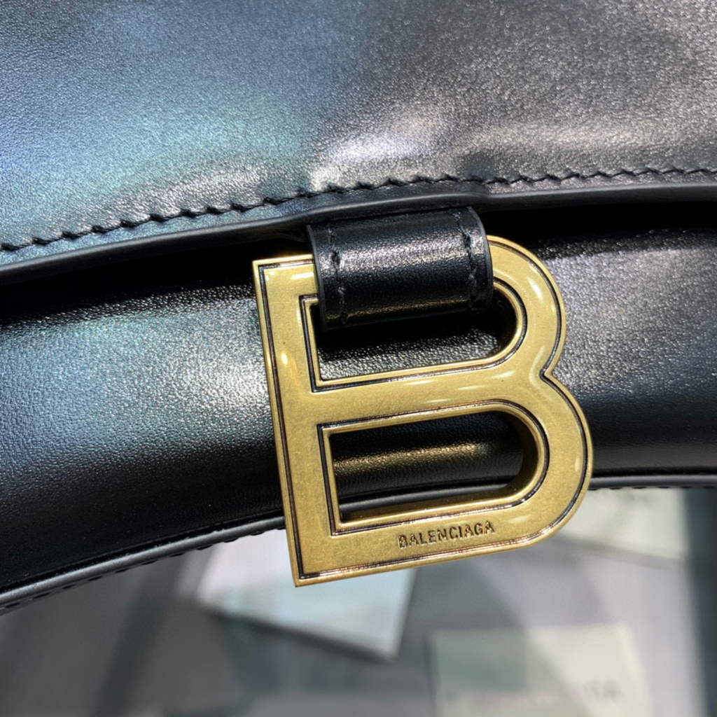 Balenciaga 593546 Hourglass Small Top Handle Calfskin Bag Black Gold