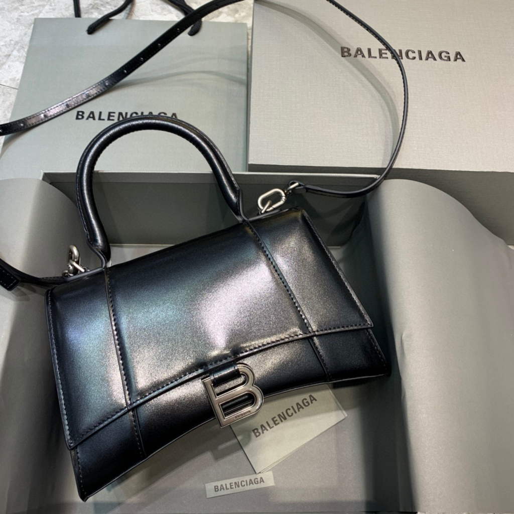 Balenciaga 593546 Hourglass Small Top Handle Calfskin Bag Black Silver