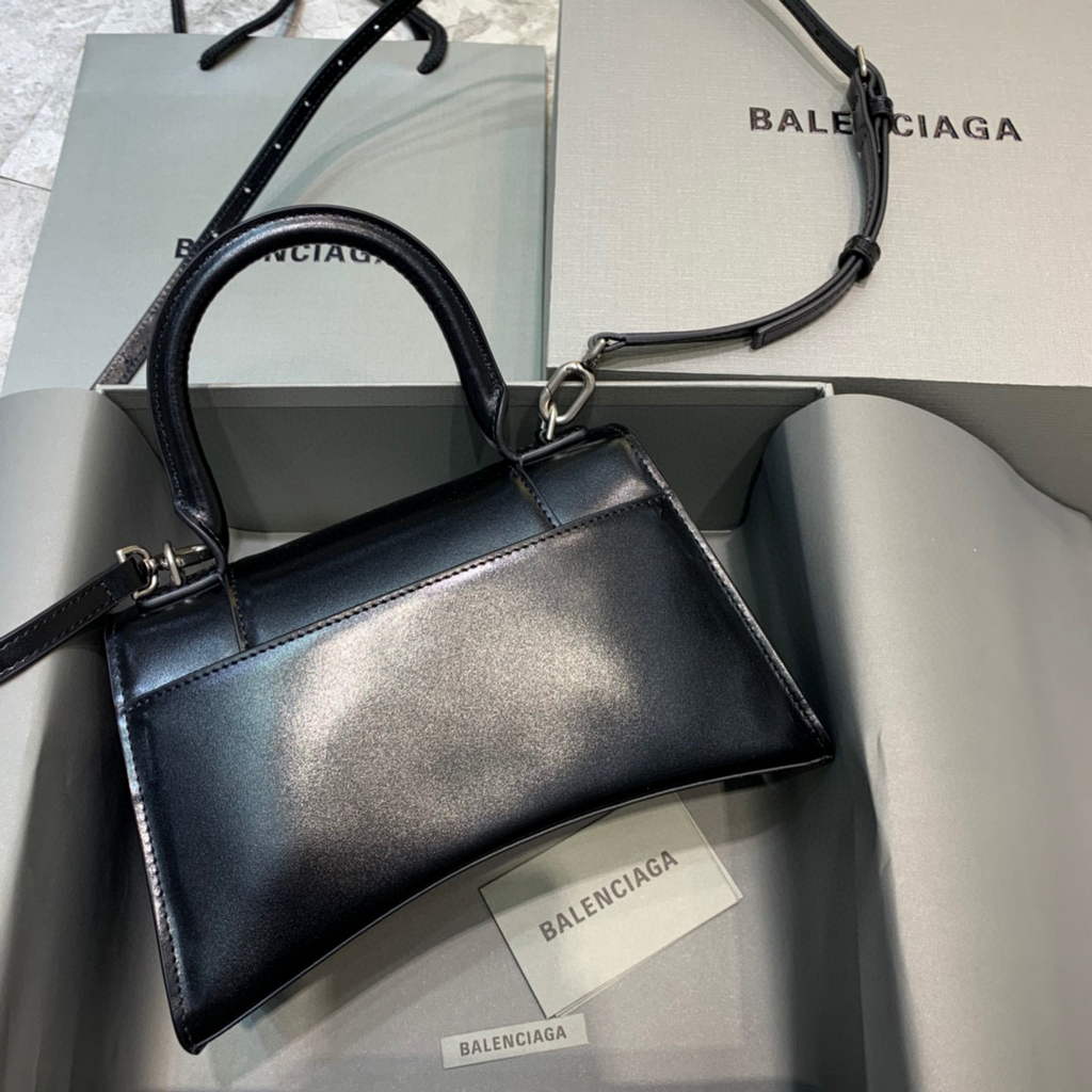 Balenciaga 593546 Hourglass Small Top Handle Calfskin Bag Black Silver