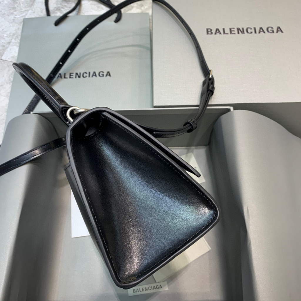 Balenciaga 593546 Hourglass Small Top Handle Calfskin Bag Black Silver