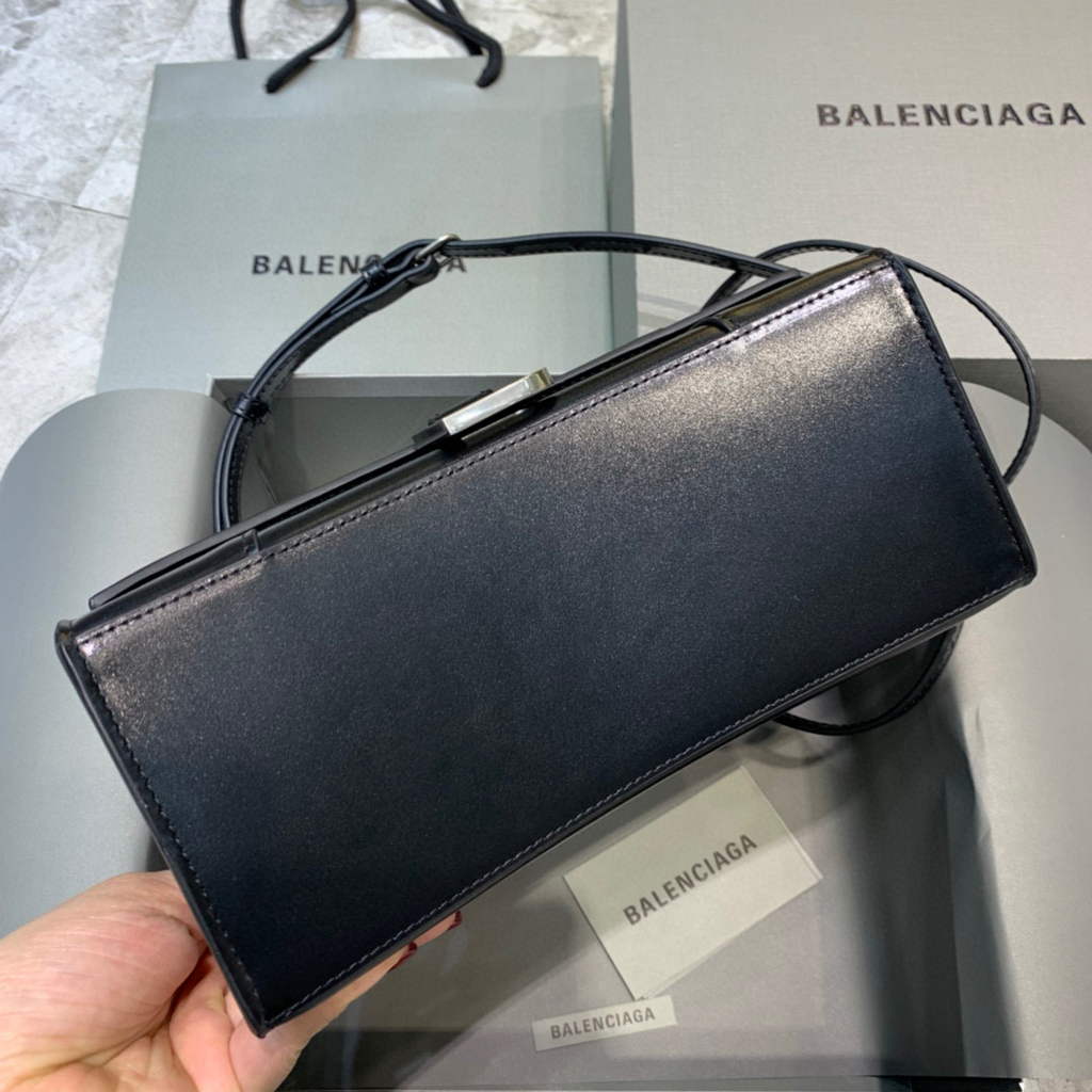 Balenciaga 593546 Hourglass Small Top Handle Calfskin Bag Black Silver