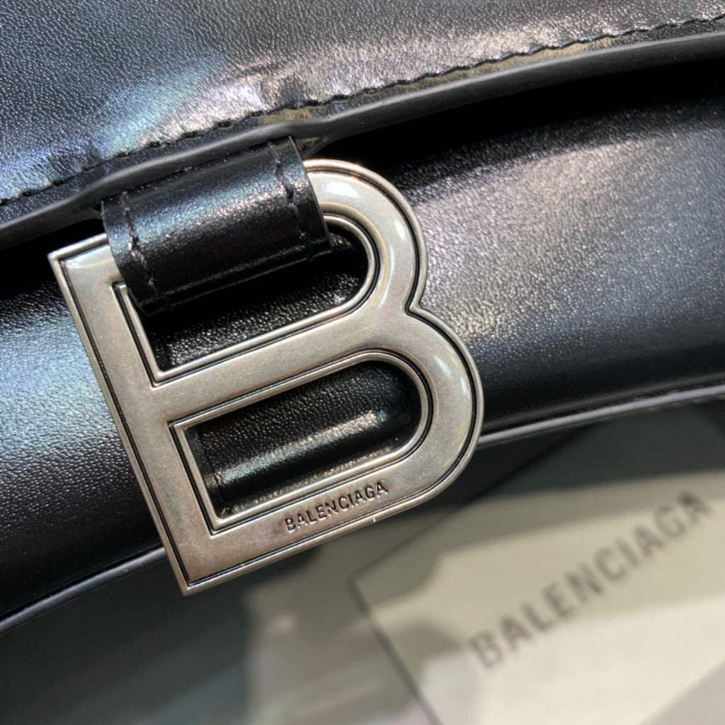 Balenciaga 593546 Hourglass Small Top Handle Calfskin Bag Black Silver