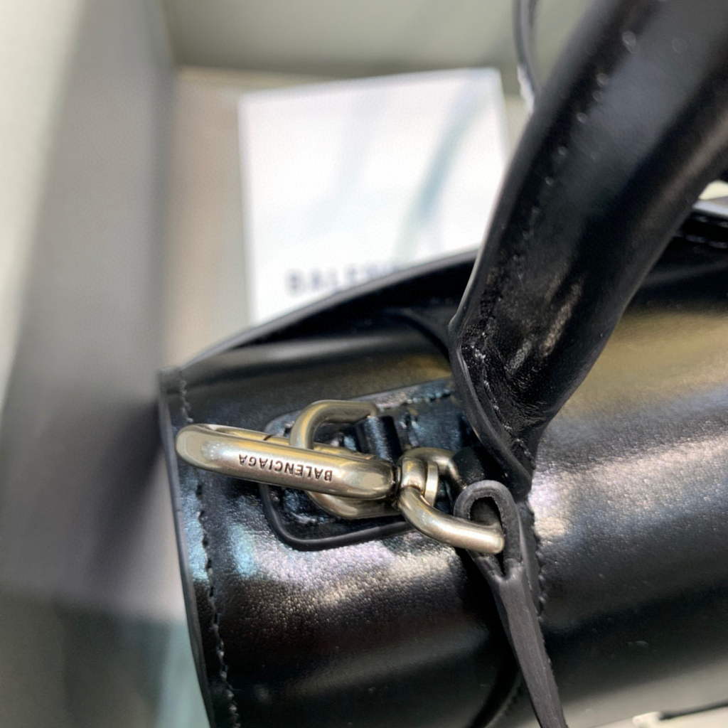 Balenciaga 593546 Hourglass Small Top Handle Calfskin Bag Black Silver