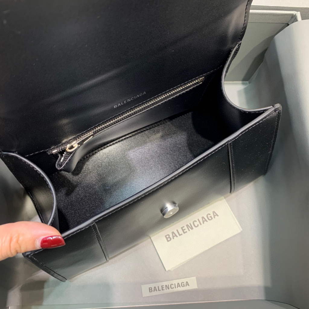 Balenciaga 593546 Hourglass Small Top Handle Calfskin Bag Black Silver