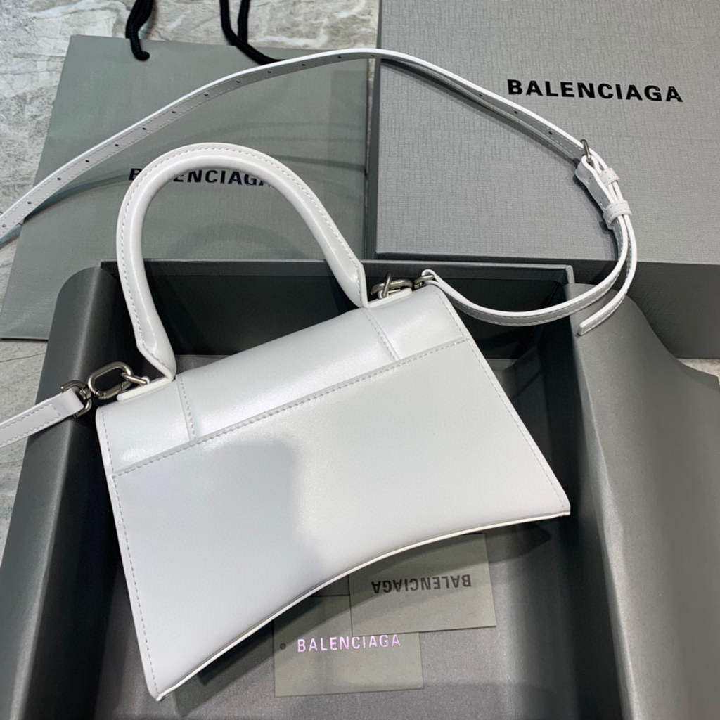 Balenciaga 593546 Hourglass Small Top Handle Calfskin Bag White Silver