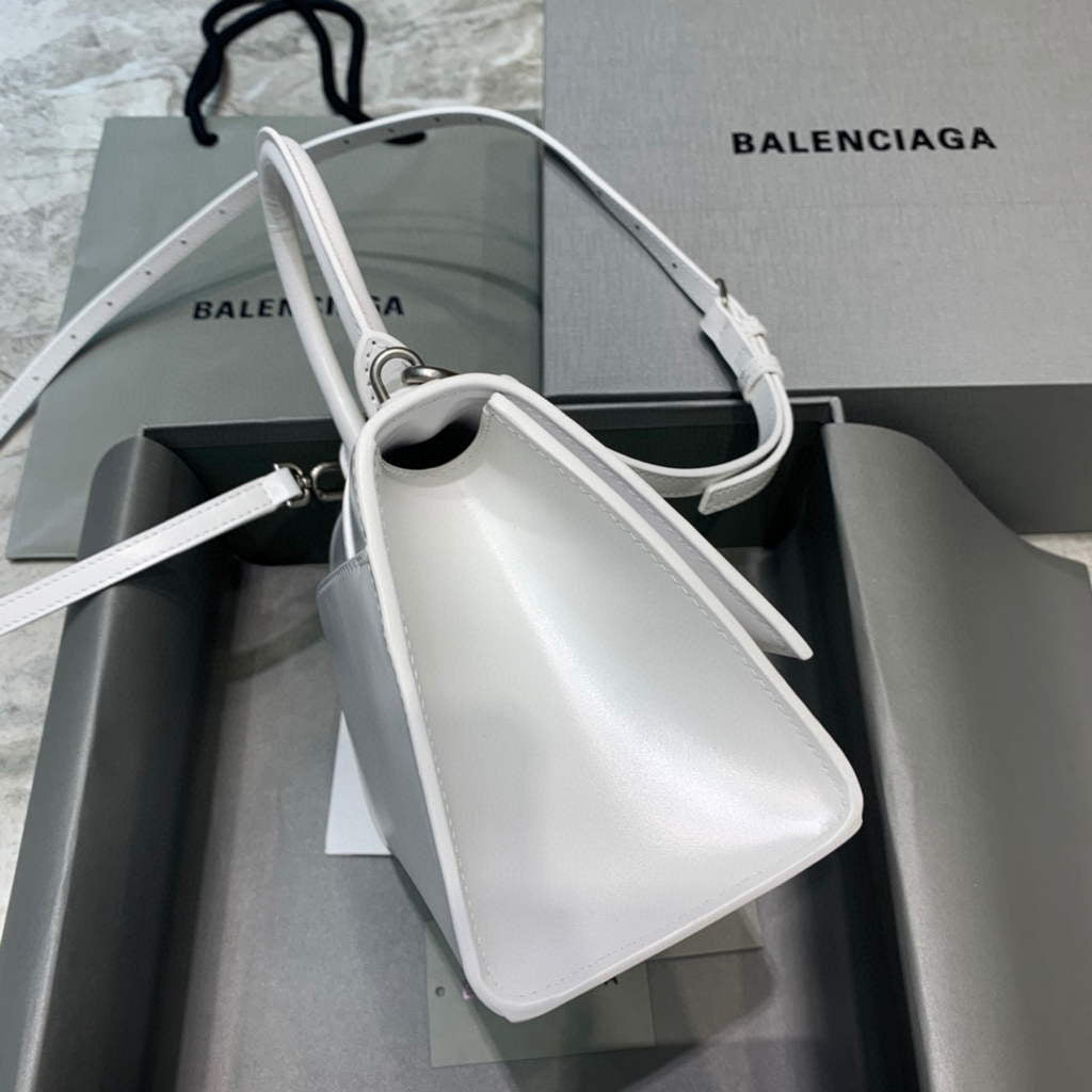 Balenciaga 593546 Hourglass Small Top Handle Calfskin Bag White Silver
