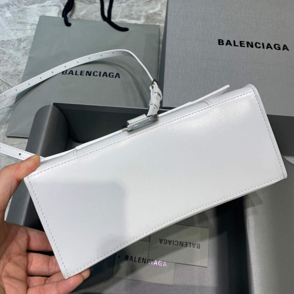 Balenciaga 593546 Hourglass Small Top Handle Calfskin Bag White Silver