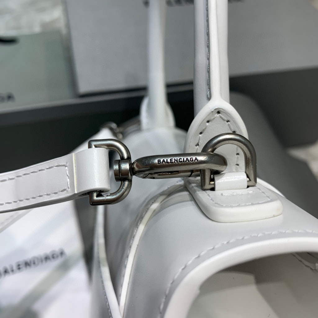 Balenciaga 593546 Hourglass Small Top Handle Calfskin Bag White Silver