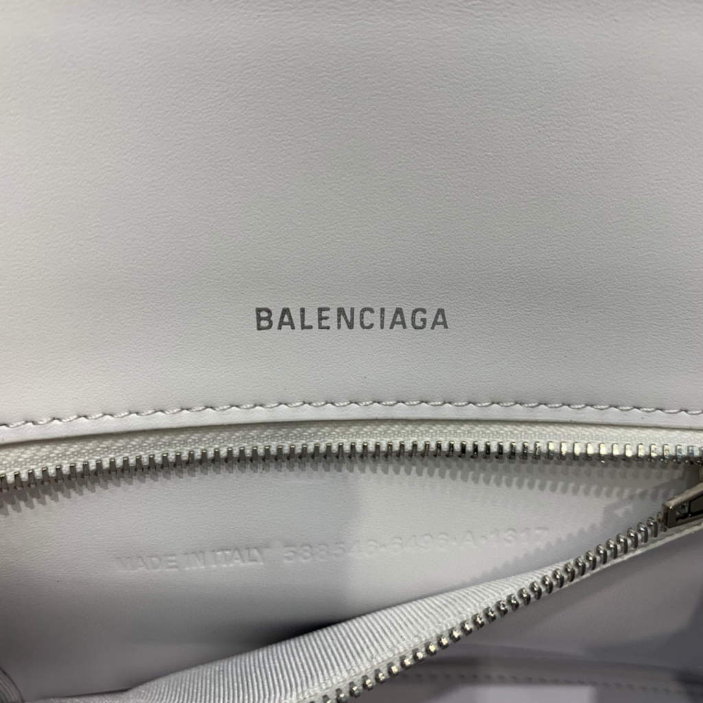 Balenciaga 593546 Hourglass Small Top Handle Calfskin Bag White Silver