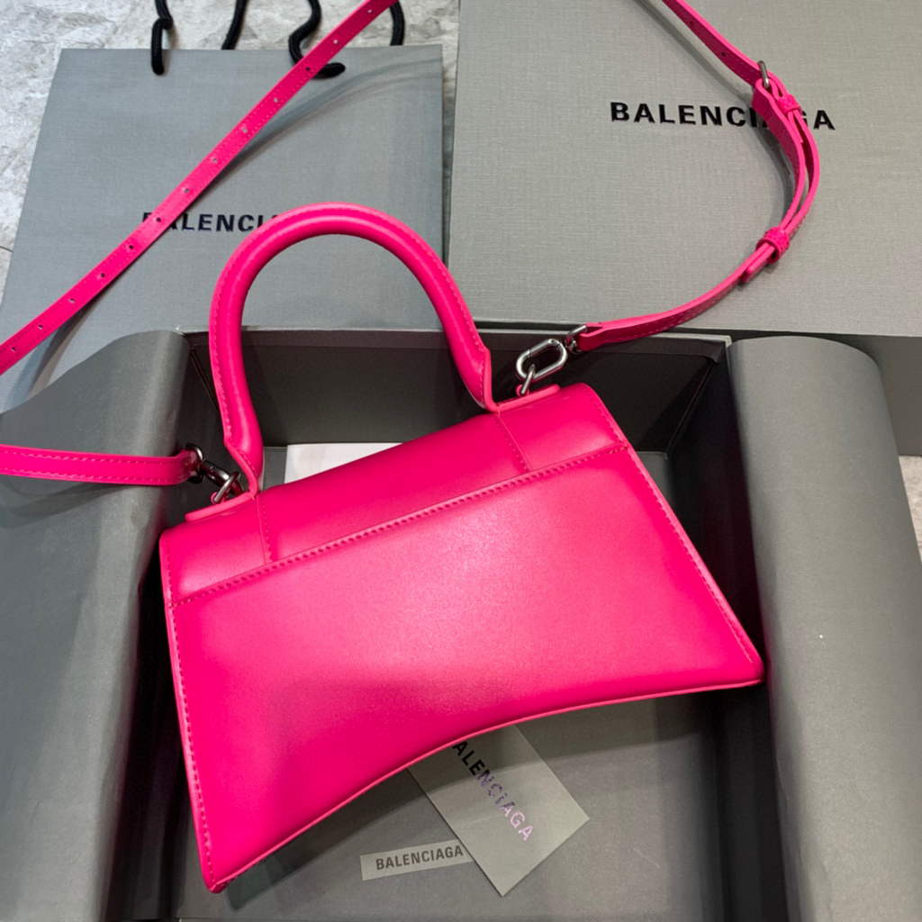 Balenciaga 593546 Hourglass Small Top Handle Calfskin Bag Plum Silver