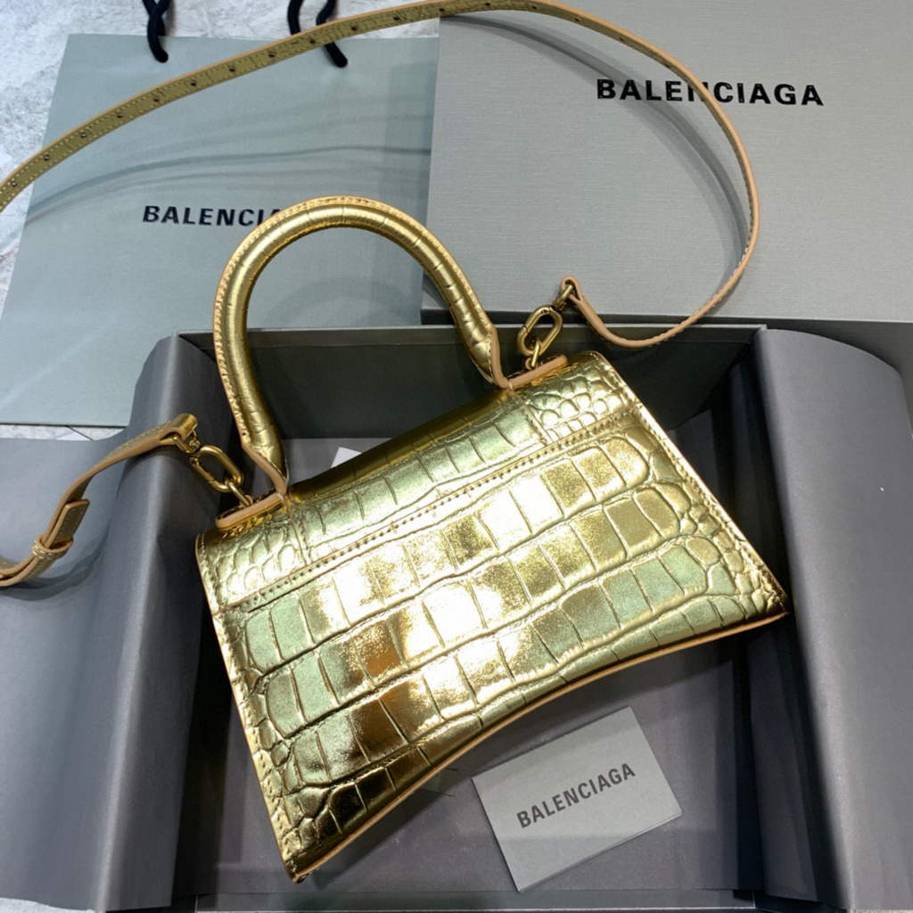 Balenciaga 593546 Hourglass Small Top Handle Crocodile Bag Gold
